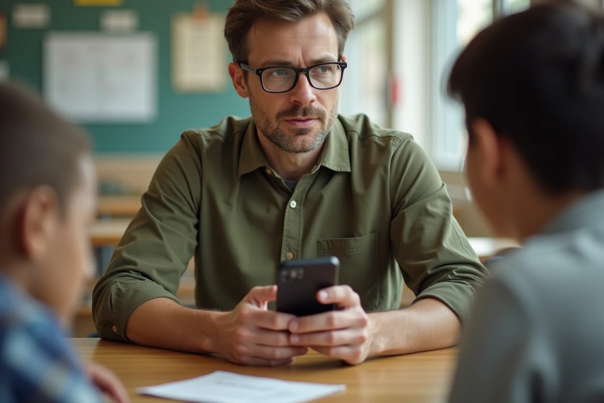 Enseignant expliquant la configuration de l'application Edu Normandie à des élèves dans une cafétéria scolaire