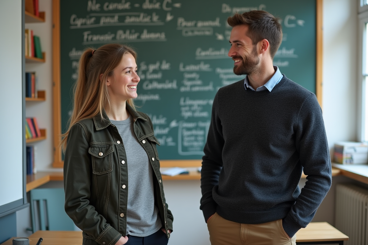 Professeur et élève en discussion dans une classe de français