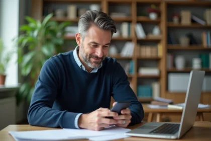 Professeur homme utilisant une application de gestion sur smartphone