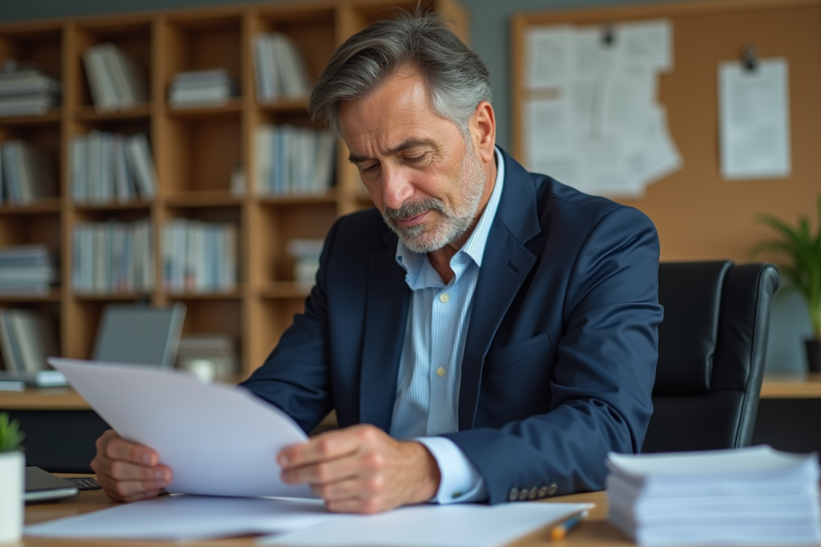 Professeur en costume bleu examinant des documents dans un bureau scolaire