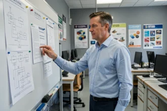 Enseignant de STI2D expliquant les référentiels officiels devant un tableau blanc en salle de cours technique