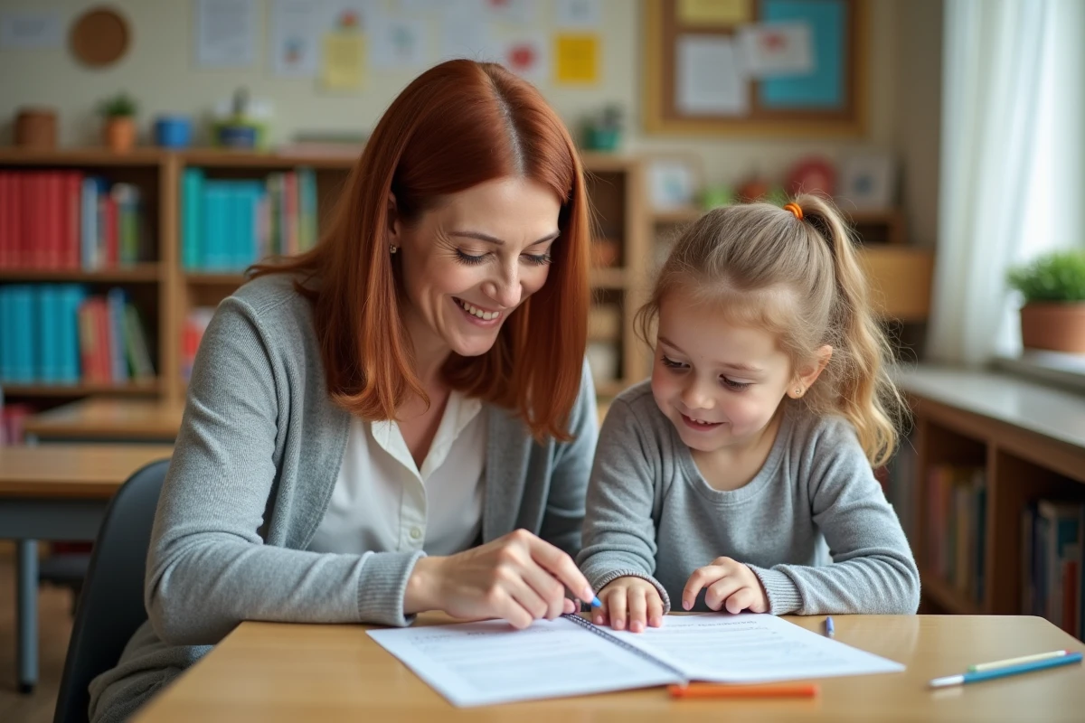 Enseignante accompagnant une élève pendant un exercice de lecture à voix haute Fluence, pointant un mot sur la feuille avec bienveillance