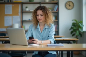 Femme en bureau scolaire français vérifiant son ordinateur