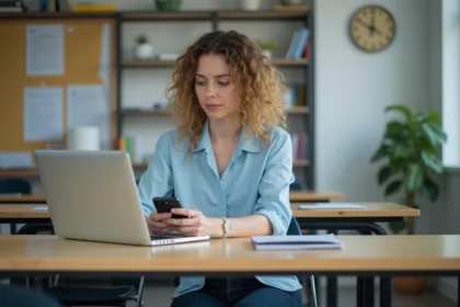 Femme en bureau scolaire français vérifiant son ordinateur
