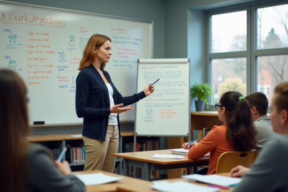 Jeune enseignante devant un tableau en classe avec des élèves