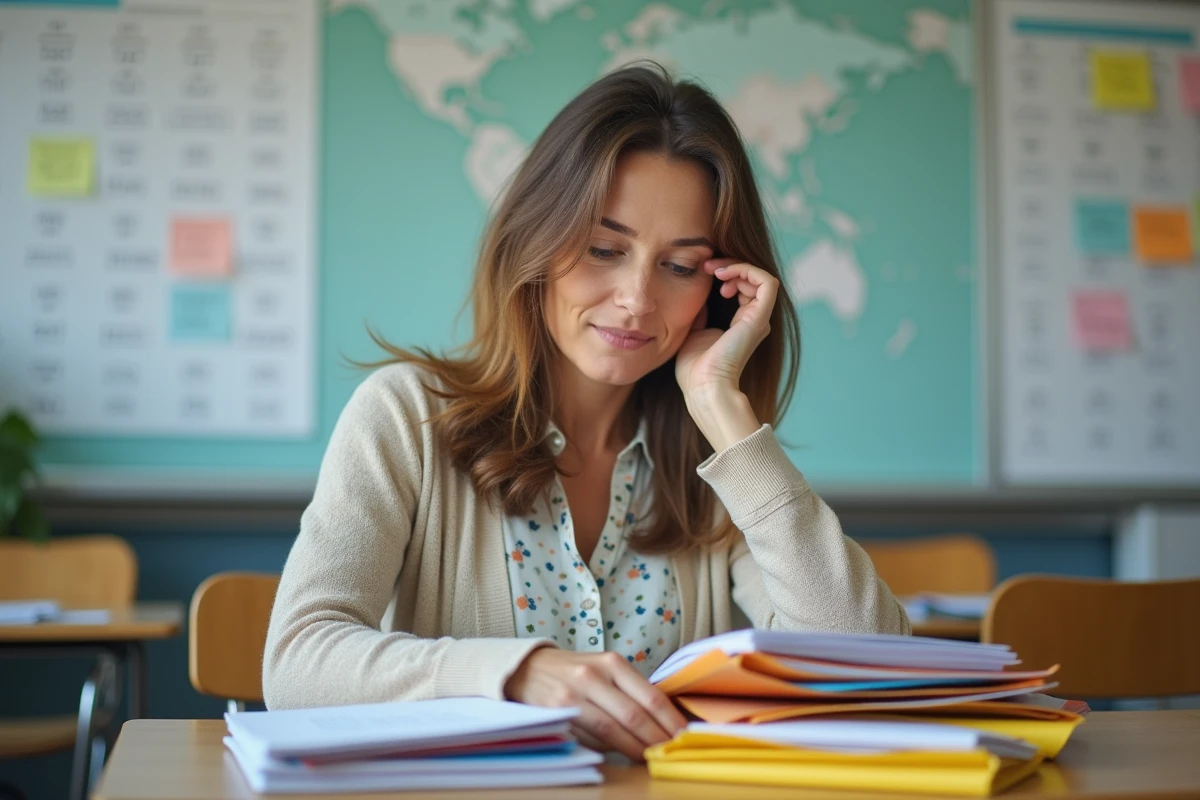 Professeure au bureau en classe avec dossiers colorés
