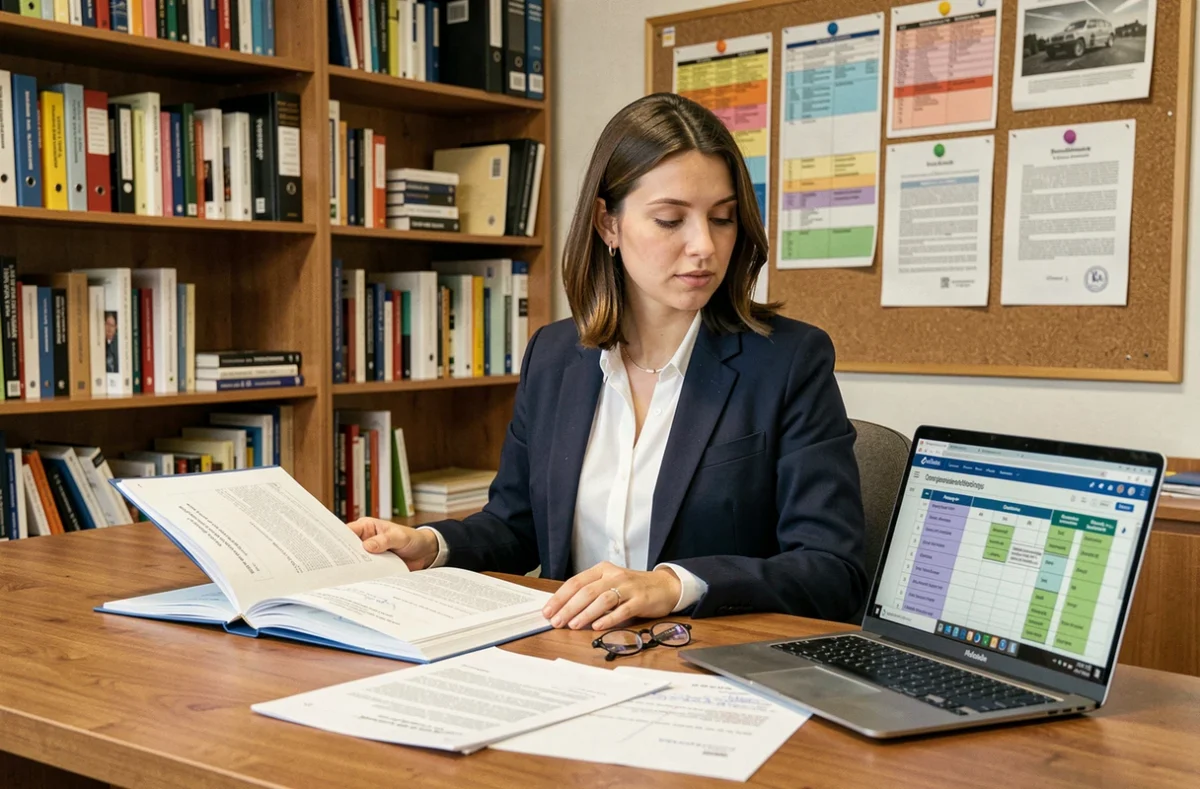 Enseignante de STI2D consultant le référentiel officiel Habilec sur son bureau avec un classeur et un ordinateur portable