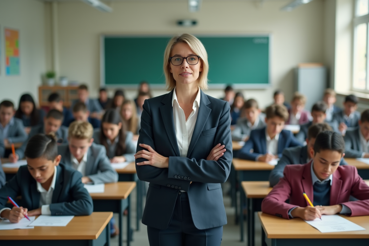 Professeure surveillant un examen dans une salle organisée