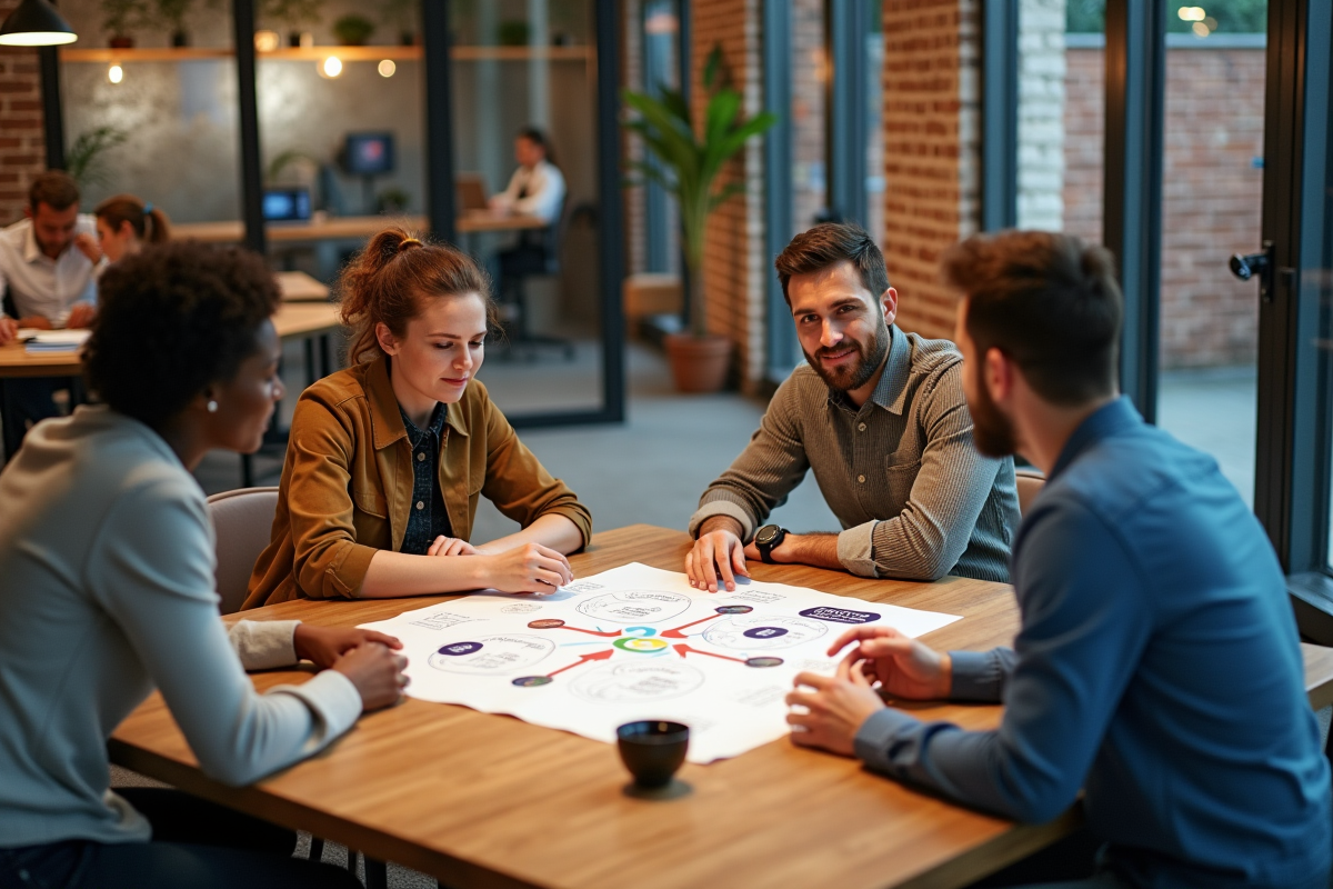 Groupe de marketeurs collaborant autour d