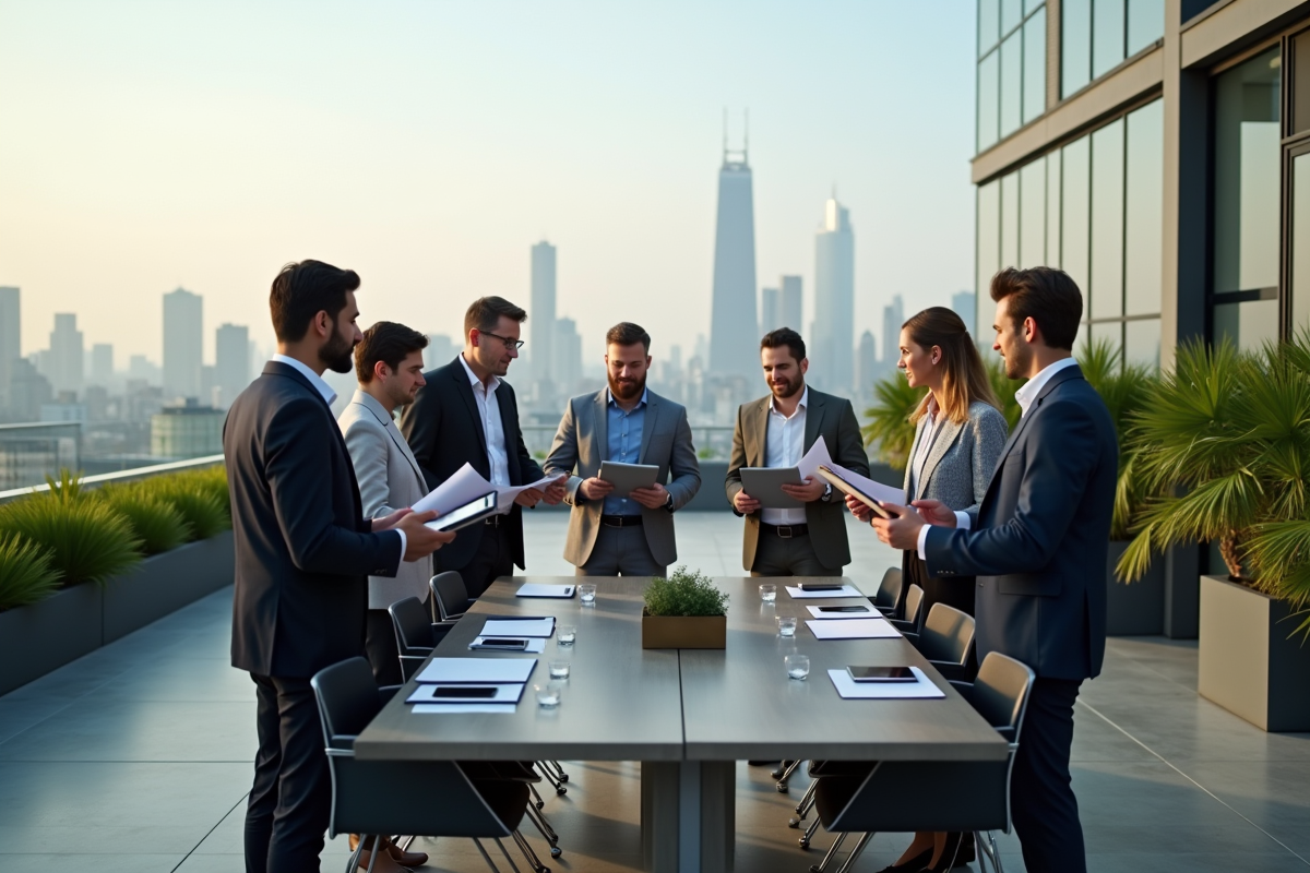 Groupe de professionnels discutant sur une terrasse urbaine
