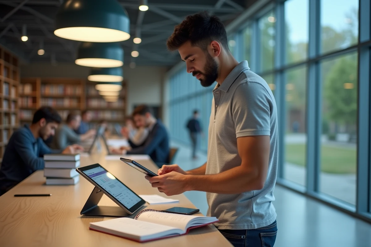 Étudiant consultant son emploi du temps scolaire sur une tablette dans une bibliothèque universitaire moderne