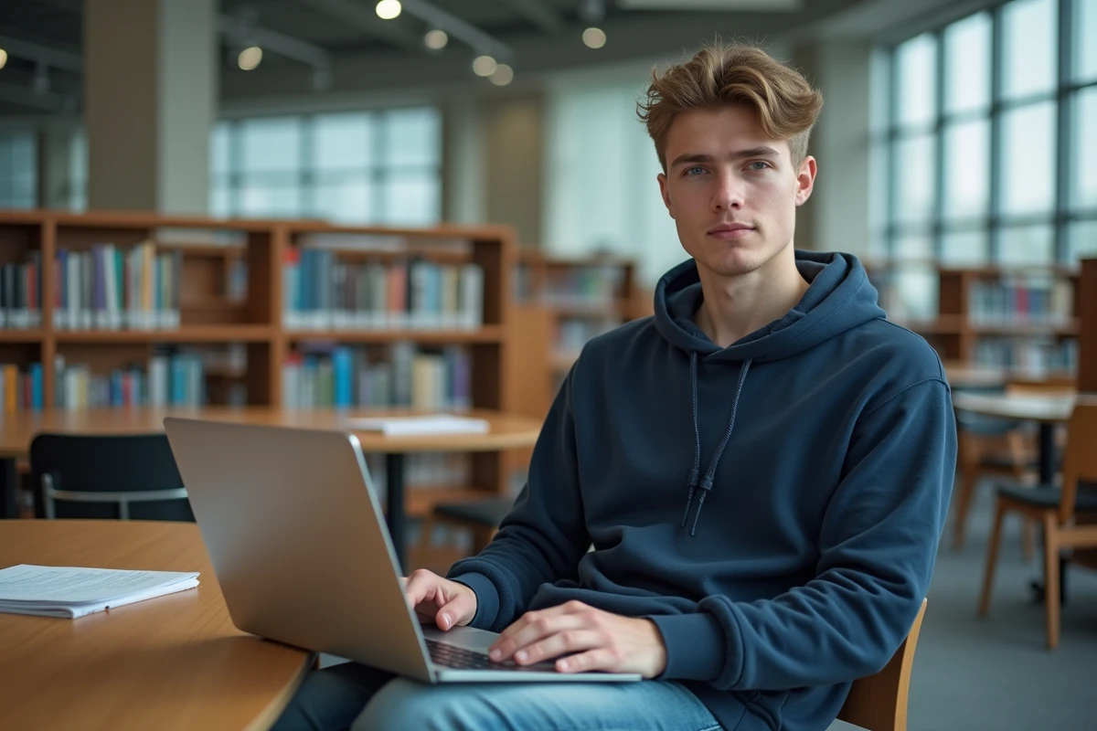 Étudiant masculin consultant ses documents de cours sur un portail universitaire en ligne depuis la bibliothèque de son campus