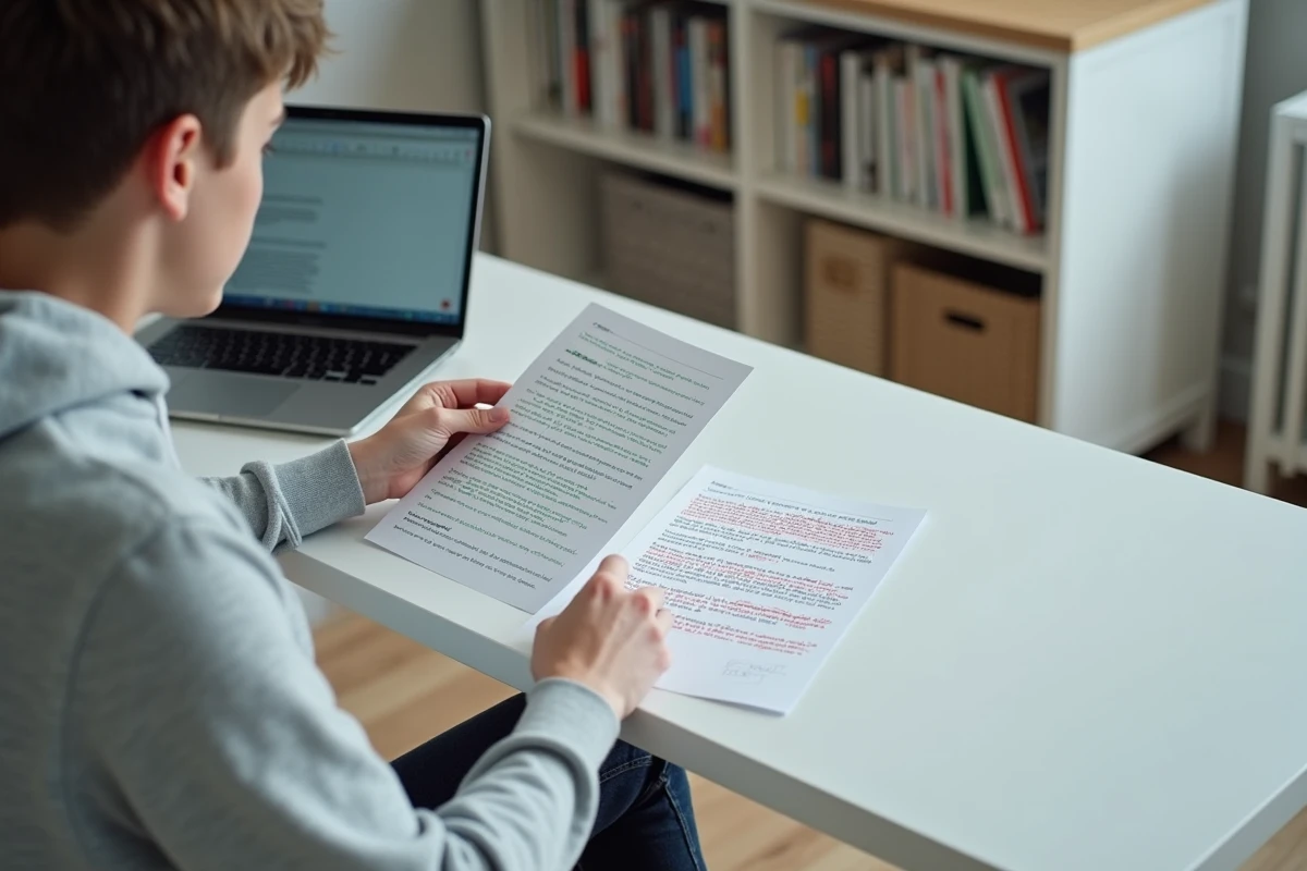 Étudiant comparant deux versions corrigées d'une dissertation sur un bureau moderne