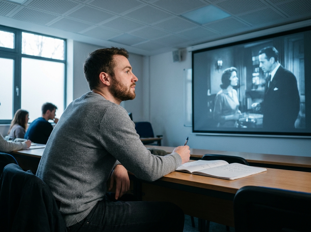 Étudiant en formation cinéma suivant un cours d'analyse filmique dans une salle de classe moderne