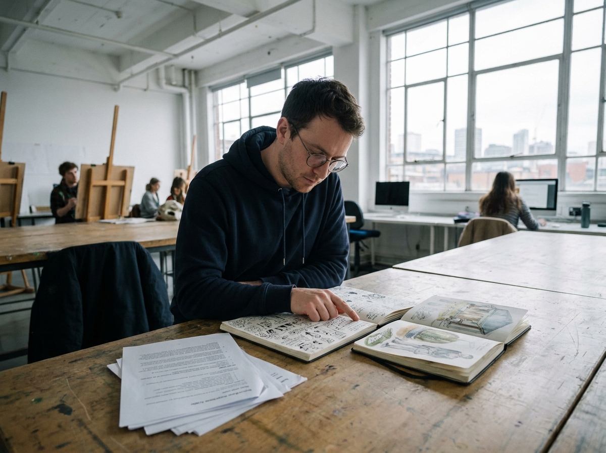 Étudiant en design graphique comparant deux programmes de cursus d'illustration dans un atelier universitaire