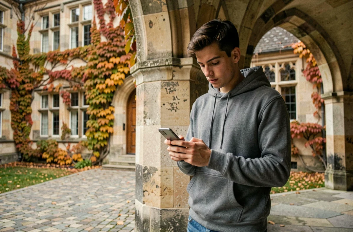 Étudiant consultant ses emails sur smartphone devant un bâtiment universitaire en pierre à Strasbourg en automne