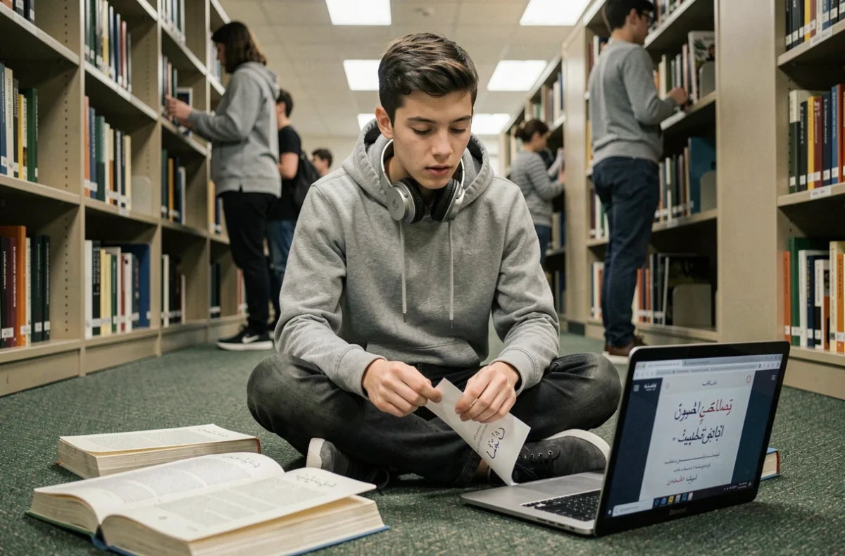 Un jeune étudiant francophone découvrant un déclic dans l'apprentissage de l'arabe dans une bibliothèque universitaire