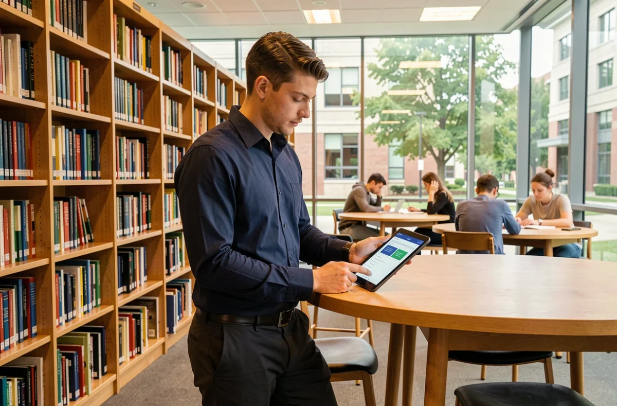 Étudiant consultant la plateforme My Campus sur une tablette dans une bibliothèque universitaire moderne