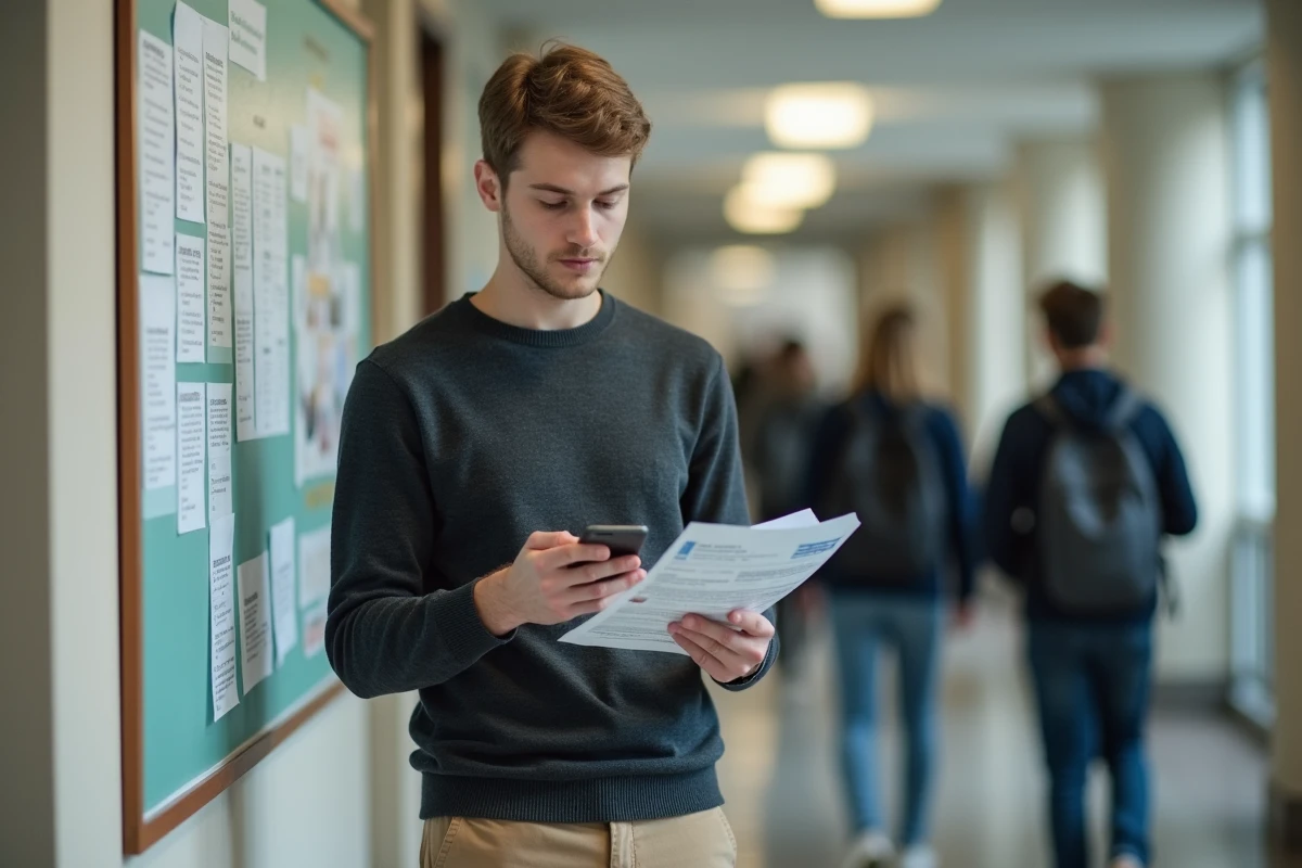 Étudiant consultant le portail MyGEMA sur son smartphone dans un couloir universitaire en début d'année scolaire