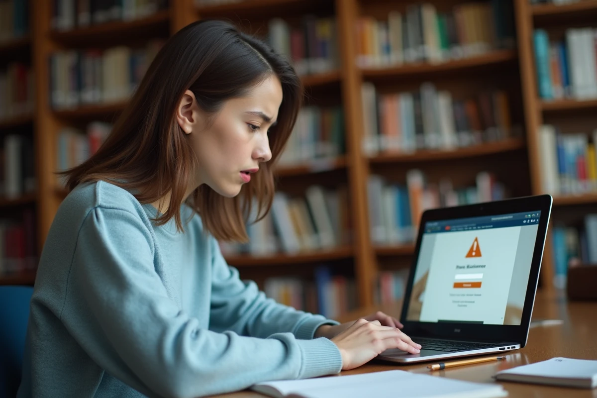 Étudiante frustrée face à une erreur de connexion sur la messagerie académique Orléans-Tours sur son ordinateur portable en bibliothèque