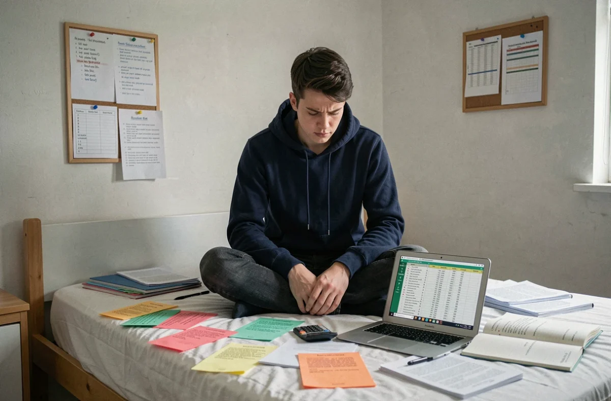 Étudiant en révision dans sa chambre universitaire entouré de fiches de cours et d'une calculatrice pour préparer un concours