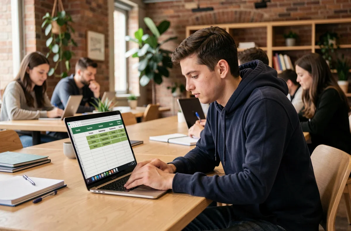 Étudiant STMG analysant un tableau de caractérisation d'organisation sur ordinateur portable en espace de travail collaboratif