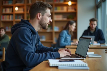 Jeune étudiant en bibliothèque concentré sur son ordinateur portable