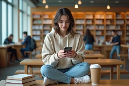 Étudiante consultant une application de réductions sur son smartphone dans une bibliothèque universitaire moderne