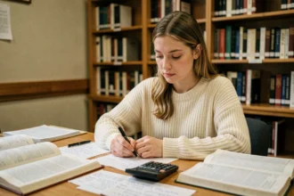 Jeune femme qui prépare un concours en calculant sa moyenne générale avec une calculatrice et des notes manuscrites sur un bureau en bois
