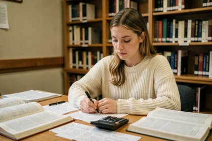 Jeune femme qui prépare un concours en calculant sa moyenne générale avec une calculatrice et des notes manuscrites sur un bureau en bois