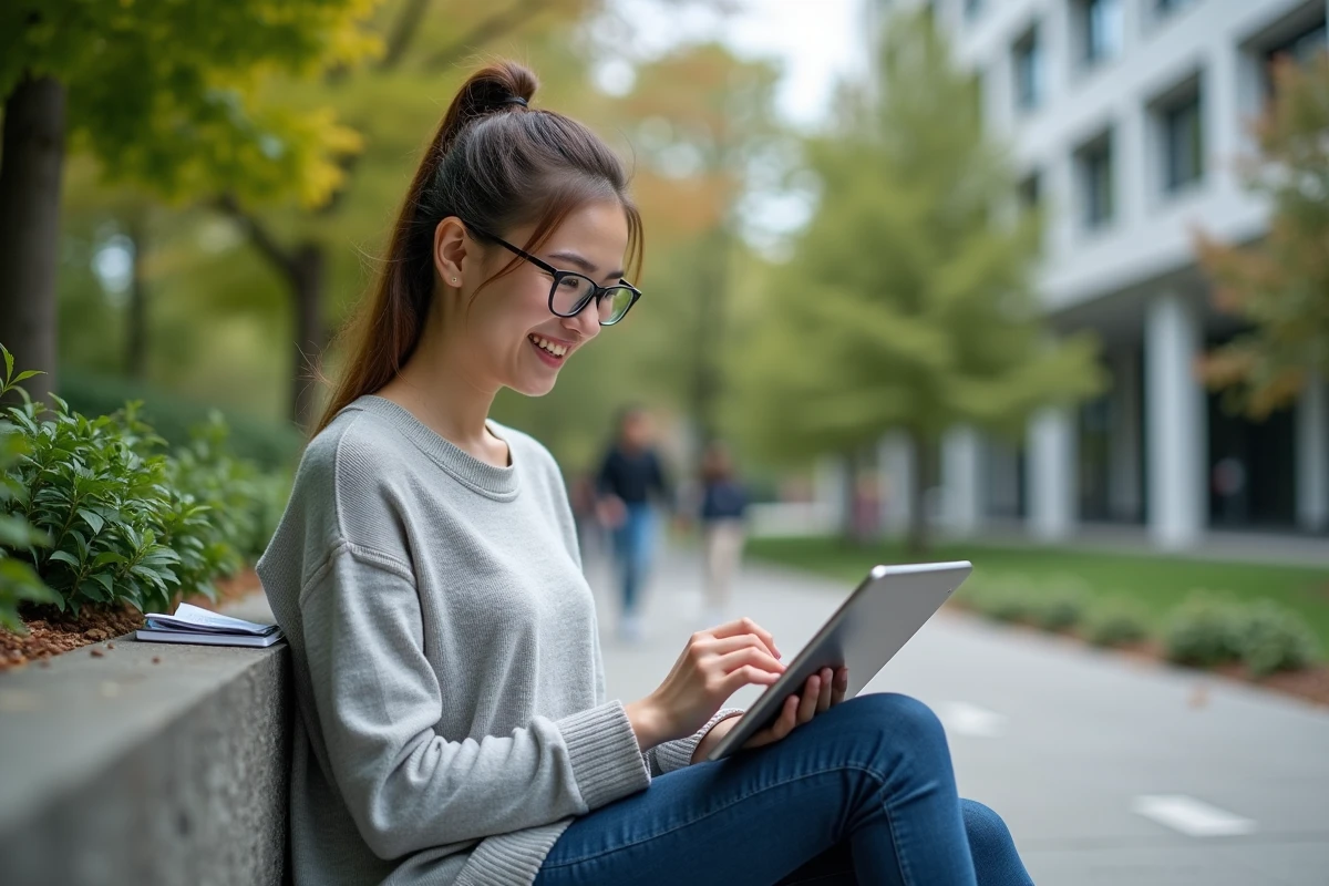 Étudiante souriante vérifiant ses emails sur une tablette en plein air
