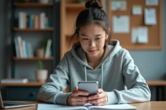 Étudiante configurant l'application Edu Normandie sur son smartphone dans une chambre universitaire