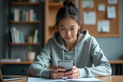 Étudiante configurant l'application Edu Normandie sur son smartphone dans une chambre universitaire