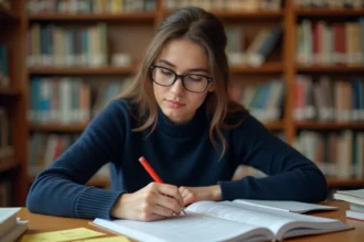 Étudiante annotant une dissertation corrigée avec un stylo rouge dans une bibliothèque universitaire