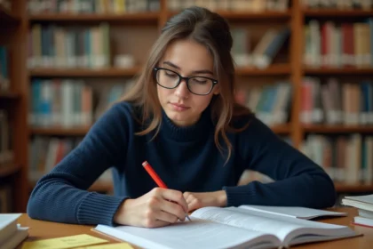 Étudiante annotant une dissertation corrigée avec un stylo rouge dans une bibliothèque universitaire