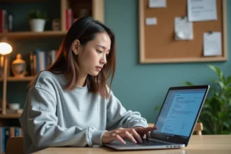Étudiante cherchant ses documents de cours sur le portail mycampus d'eduservices depuis son ordinateur portable dans sa chambre universitaire