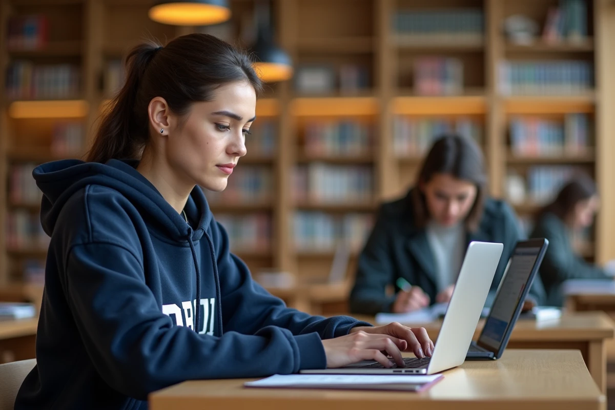 Étudiante utilisant l'ENT ENTASSAS de l'Université Paris 2 sur son ordinateur portable en bibliothèque universitaire