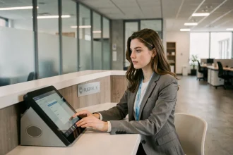 Étudiante consultant un terminal numérique au bureau des services ENT de l'Université de Lorraine