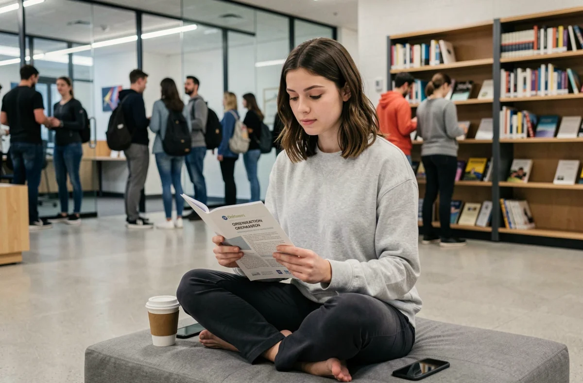 Nouvelle étudiante de PSB lisant le guide d'orientation du programme PSB learning dans un espace commun