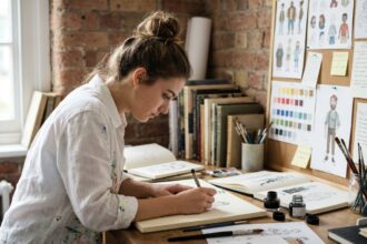 Étudiante en illustration travaillant sur un dessin à l'encre dans un studio scolaire avec carnets et matériel artistique