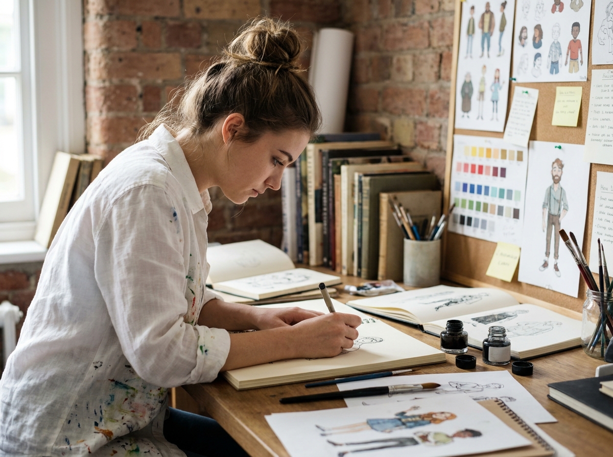 Étudiante en illustration travaillant sur un dessin à l'encre dans un studio scolaire avec carnets et matériel artistique