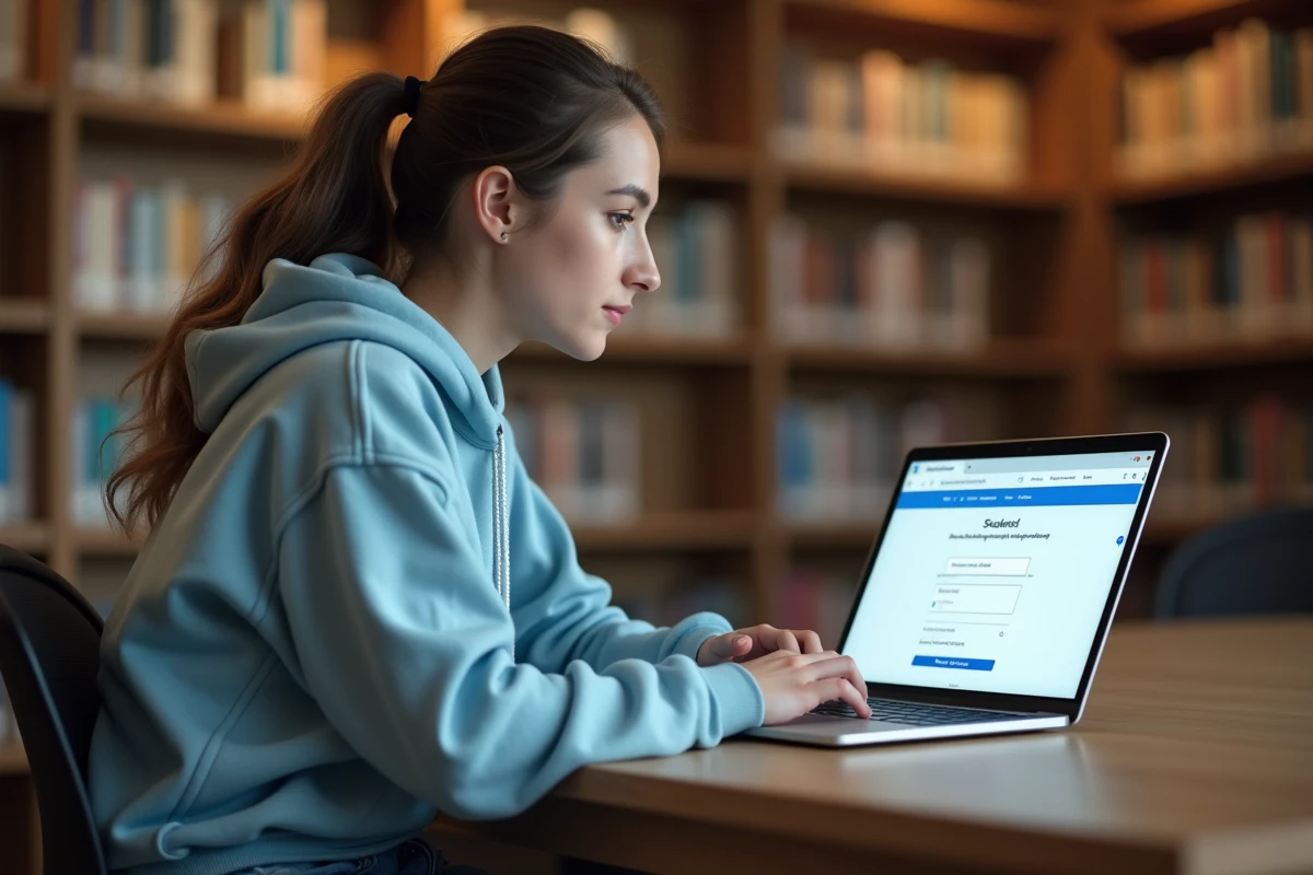 Étudiante configurant son compte MyGEMA sur un ordinateur portable dans une bibliothèque universitaire moderne le premier jour de cours
