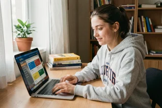 Étudiante utilisant le portail Eduservices My Campus sur son ordinateur portable dans sa chambre universitaire