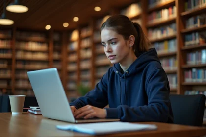 Étudiante passant un QCM en ligne sur Moodle dans une bibliothèque universitaire