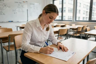 Étudiante STMG remplissant un tableau de caractérisation sur papier dans une salle de classe organisée
