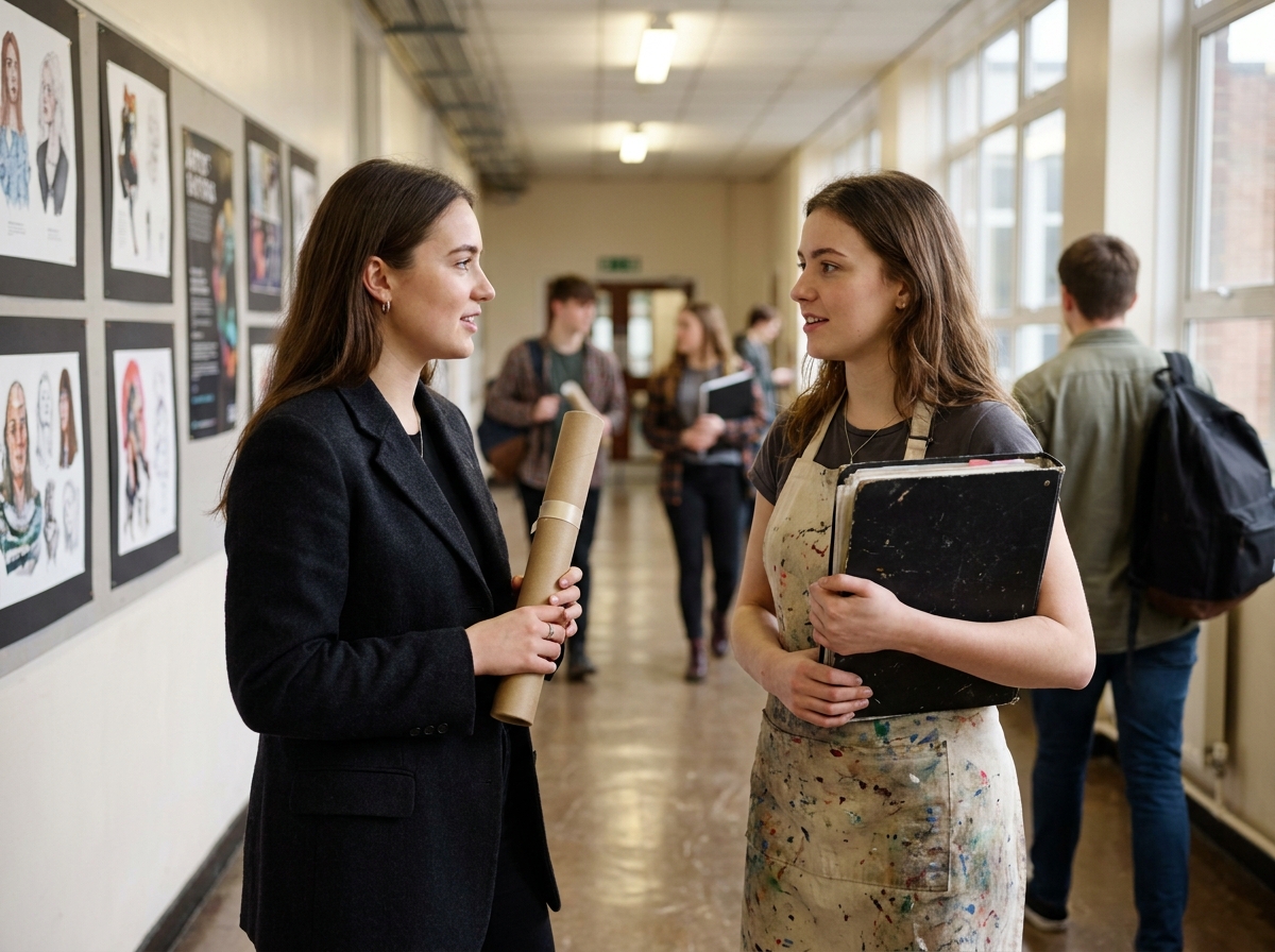 Deux étudiantes en illustration discutant dans un couloir d'école d'art, illustrant la différence entre formation courte et longue