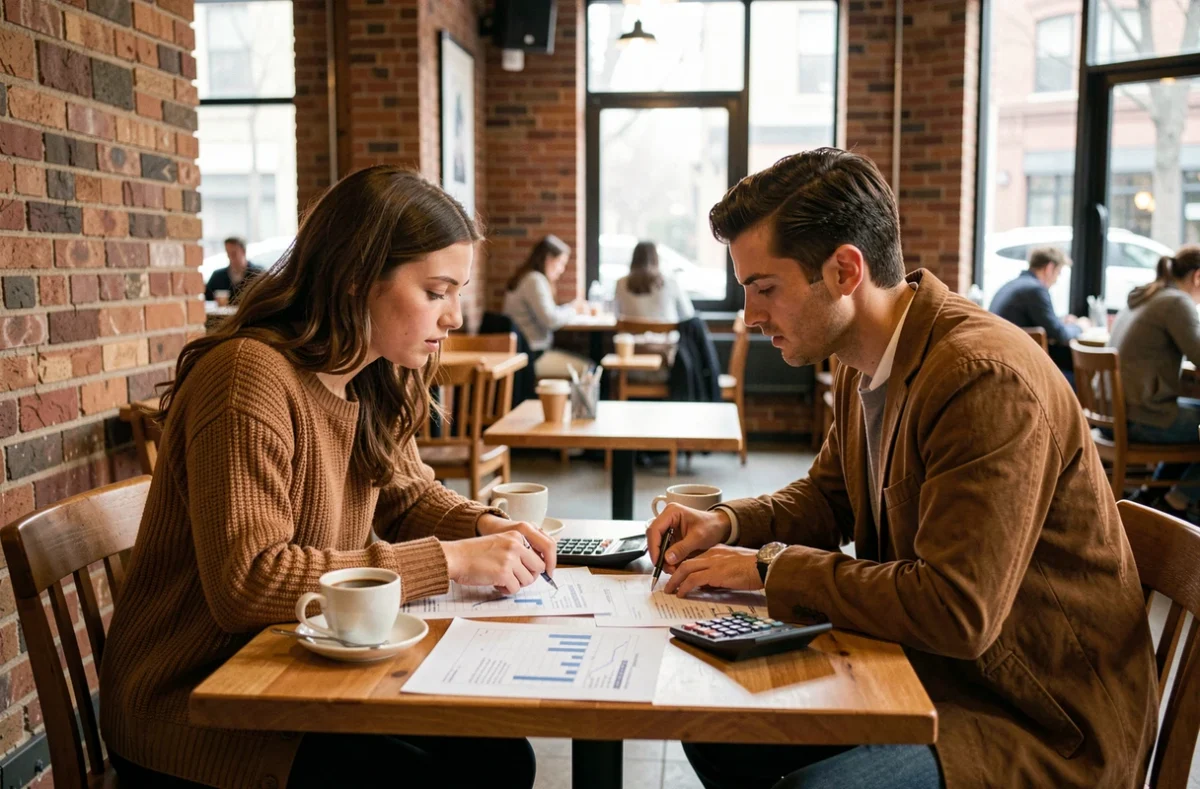 Deux étudiants en train d'analyser ensemble leurs notes et leur moyenne générale avec une calculatrice dans un café pour préparer un concours