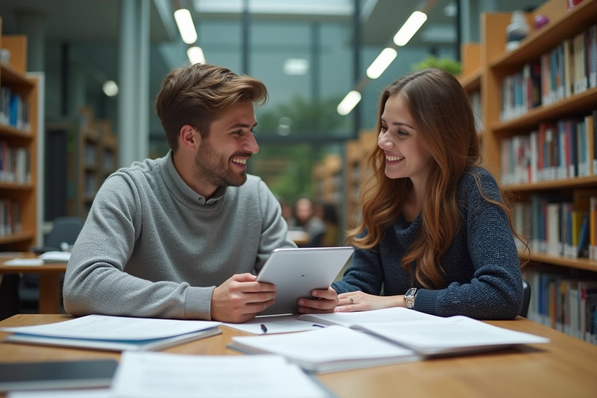 Deux étudiants en bibliothèque collaborant sur table