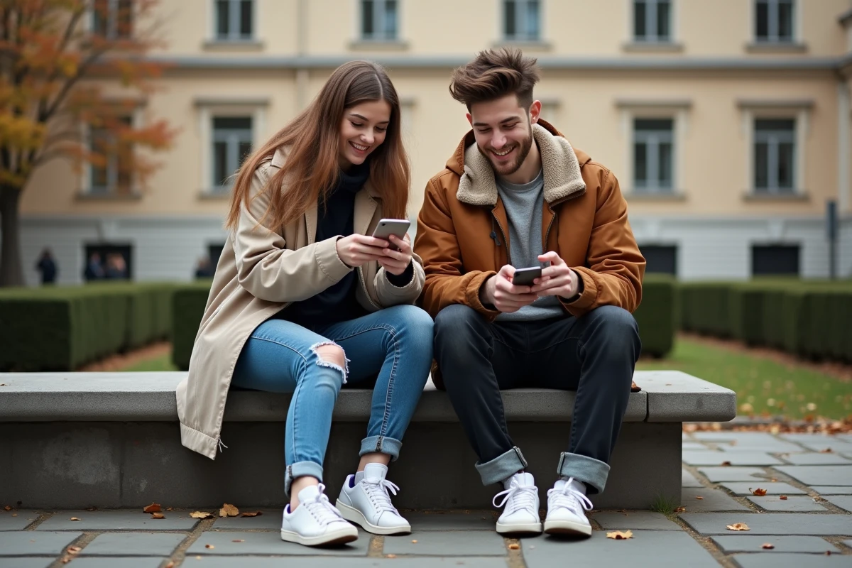Deux étudiants comparant des applications de réductions étudiantes sur leurs smartphones en plein air sur un campus universitaire