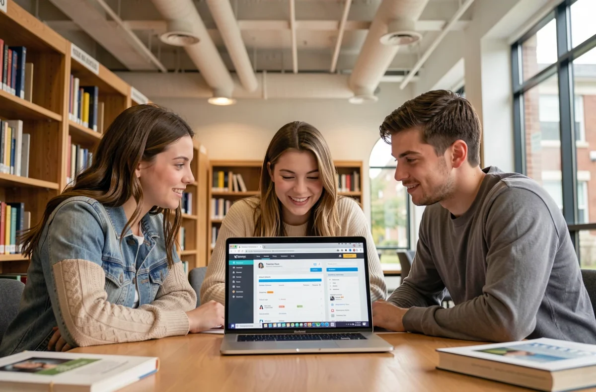 Groupe d'étudiants de l'Université de Lorraine utilisant l'ENT en collaboration dans une bibliothèque universitaire moderne